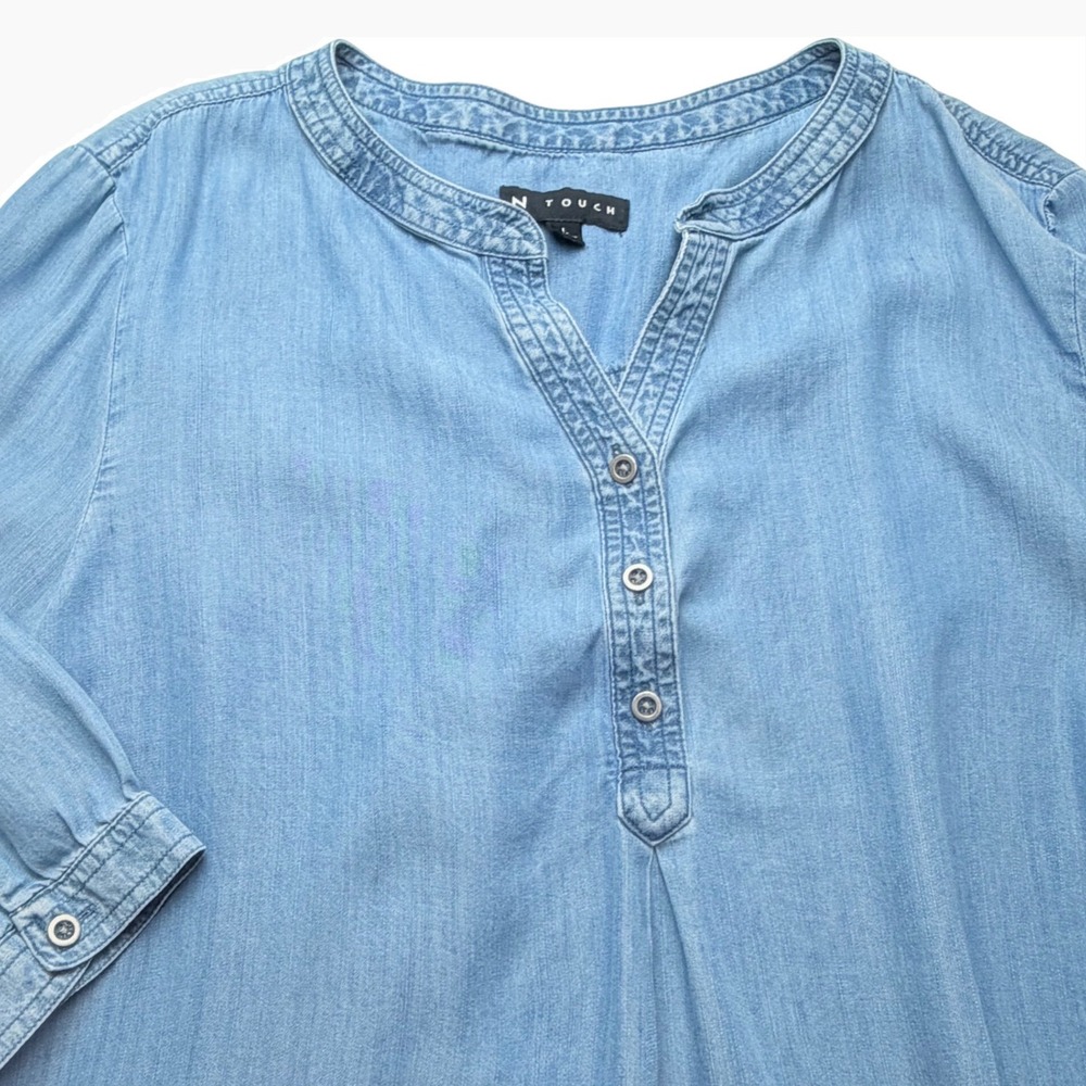 N Touch‎ Womens Large Blue Solid Chambray Tunic Blouse Tencel 3/4 Sleeve